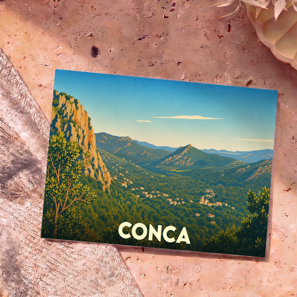 Carte postale souvenir de la ville de Conca avec une illustration stylisée d'un paysage montagneux.
