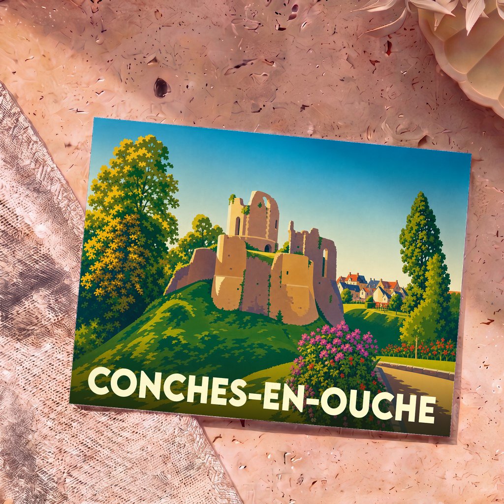 Carte postale souvenir de la ville de Conches-en-Ouche avec une illustration stylisée de son château médiéval.