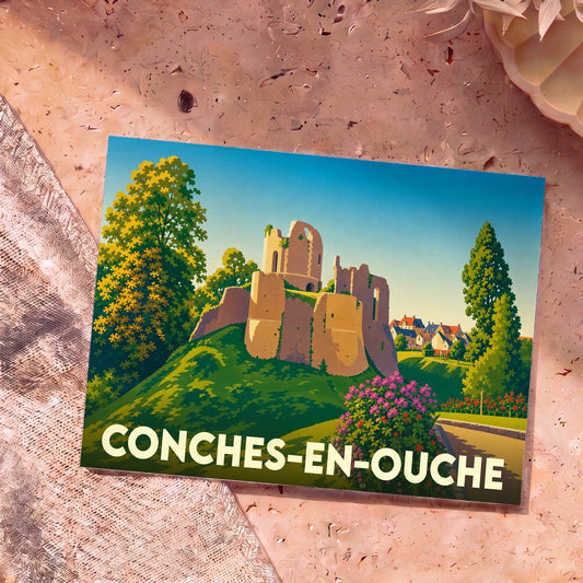Carte postale souvenir de la ville de Conches-en-Ouche illustrant les ruines de son château médiéval dans un style graphique épuré.
