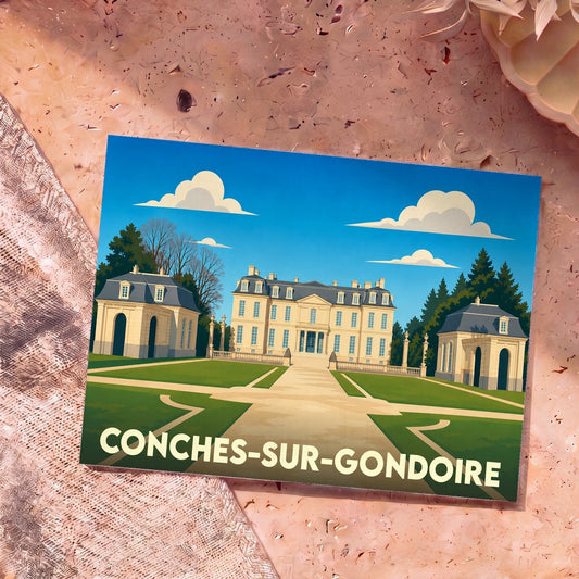 Carte postale souvenir de la ville de Conches-sur-Gondoire avec une illustration stylisée d'un château.