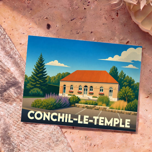 Carte postale souvenir de la ville de Conchil-le-Temple avec une illustration stylisée de sa mairie.