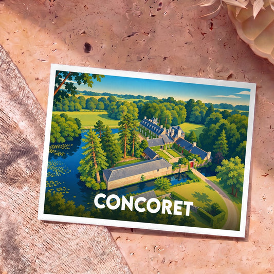 Carte postale souvenir de la ville de Concoret avec une illustration stylisée vue du ciel d'un château entouré de verdure et d'eau.