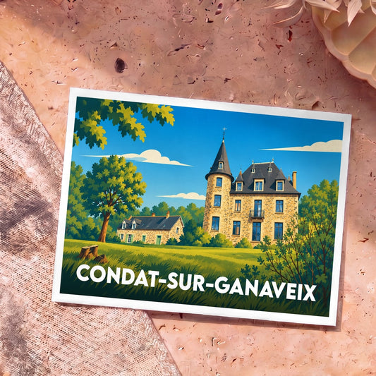 Carte postale souvenir de la ville de Condat-sur-Ganaveix avec une illustration stylisée d'un château.