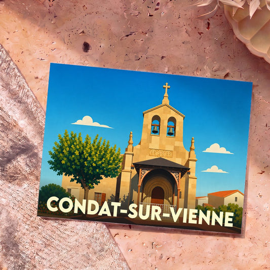 Carte postale souvenir de la ville de Condat-sur-Vienne illustrant son église dans un style graphique épuré.
