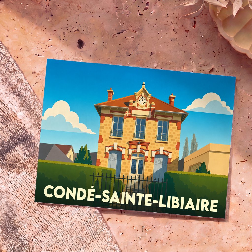Carte postale souvenir de la ville de Condé-Sainte-Libiaire avec une illustration stylisée de sa mairie.
