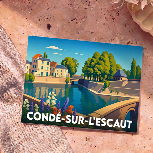 Carte postale souvenir de la ville de Condé-sur-l'Escaut avec une illustration stylisée de ses quais et canaux.