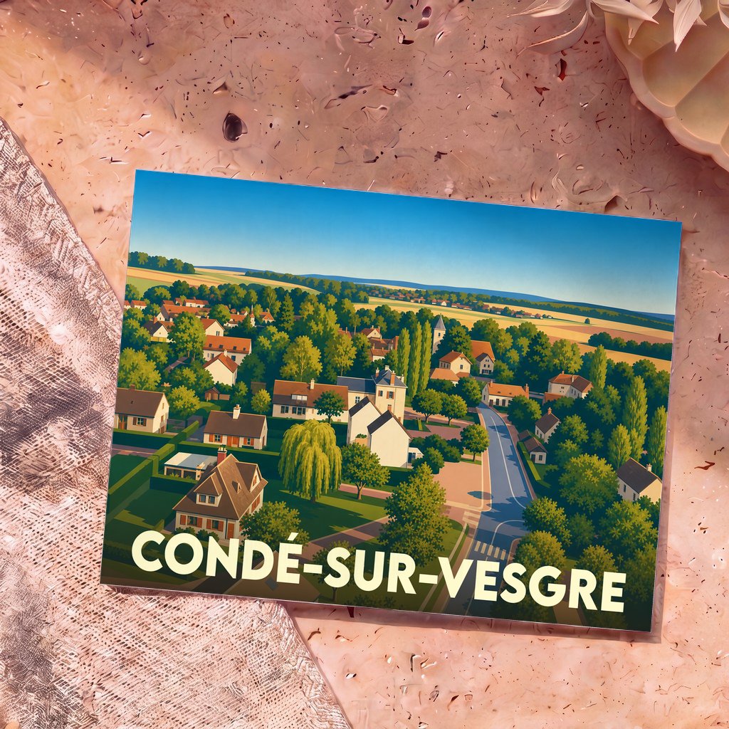Carte postale souvenir de la ville de Condé-sur-Vesgre avec une illustration stylisée.