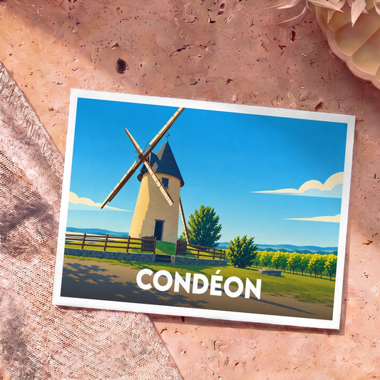 Carte postale souvenir de la ville de Condéon illustrant un moulin à vent dans un style graphique épuré.