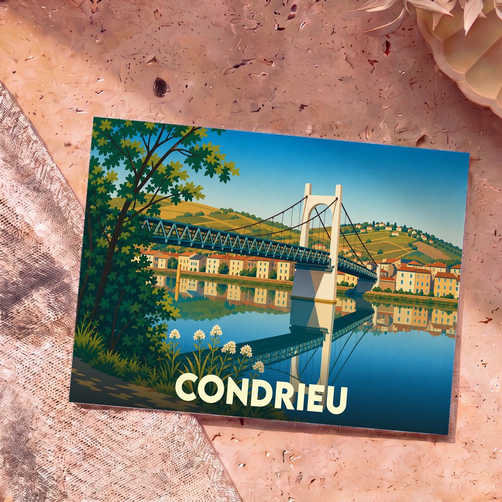 Carte postale souvenir de la ville de Condrieu illustrant son célèbre pont suspendu au-dessus du Rhône.
