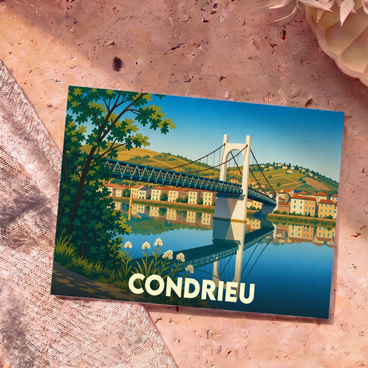 Carte postale souvenir de la ville de Condrieu illustrant son pont suspendu et ses vignobles dans un style graphique épuré.