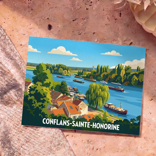 Carte postale souvenir de la ville de Conflans-Sainte-Honorine illustrant des péniches sur la Seine dans un style graphique épuré.