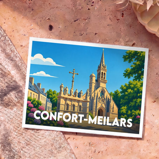 Carte postale souvenir de la ville de Confort-Meilars avec une illustration stylisée de son église et de son calvaire.