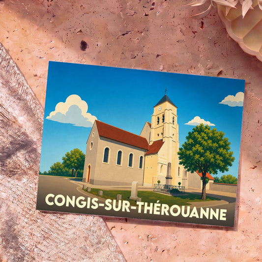 Carte postale souvenir de la ville de Congis-sur-Thérouanne illustrant son église dans un style graphique épuré.
