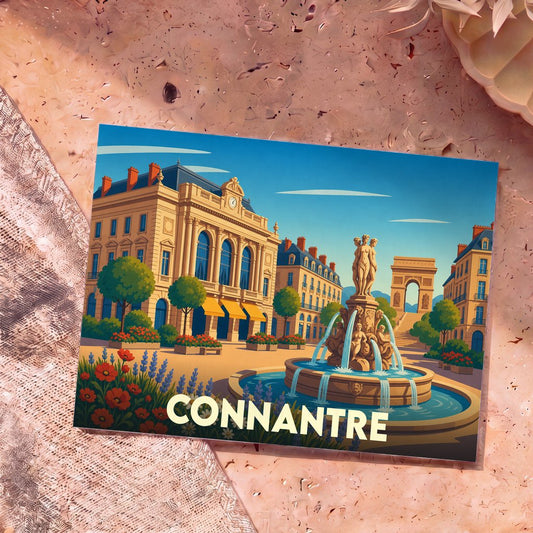 Carte postale souvenir de la ville de Connantre avec une illustration stylisée d'une place animée et sa fontaine.