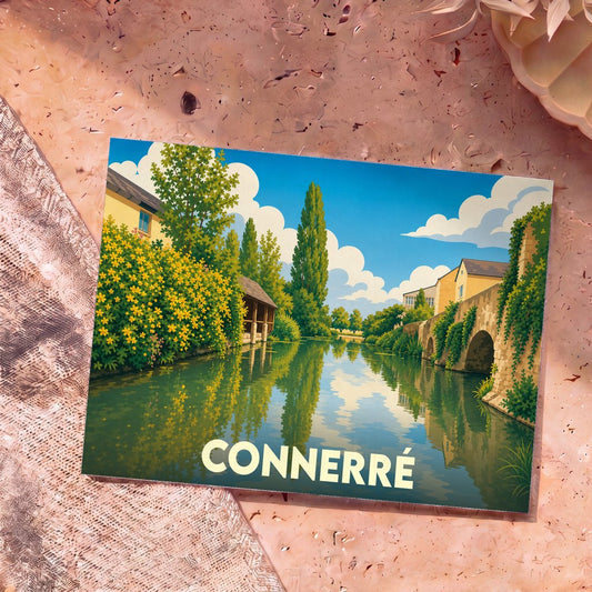 Carte postale souvenir de la ville de Connerré avec une illustration stylisée d'un cours d'eau bordé de verdure.