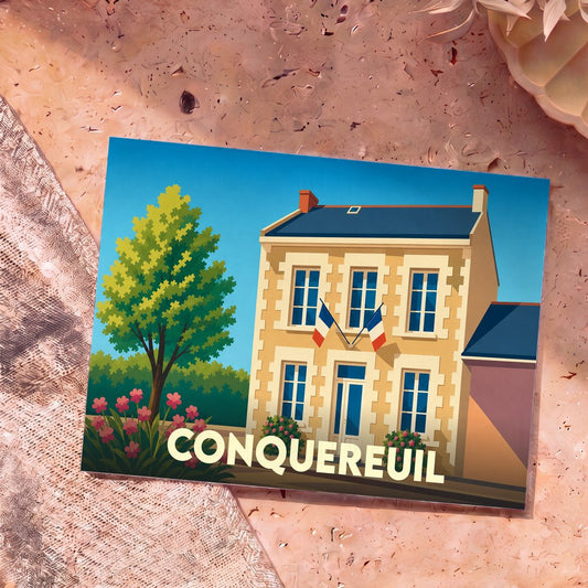 Carte postale souvenir de la ville de Conquereuil avec une illustration stylisée d'une mairie pavoisée de drapeaux français.