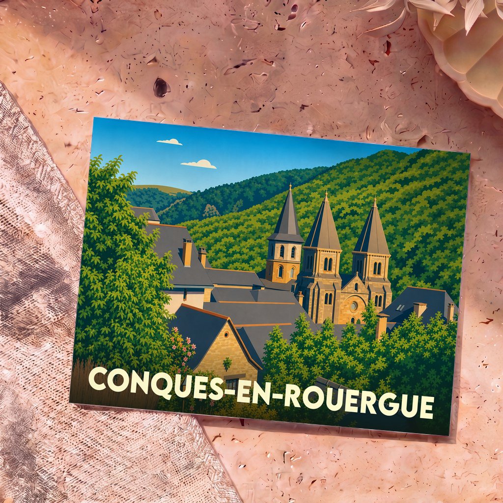 Carte postale souvenir de Conques-en-Rouergue avec une illustration stylisée de son abbaye et de ses collines verdoyantes.