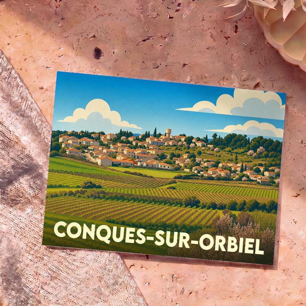 Carte postale souvenir de la ville de Conques-sur-Orbiel avec une illustration stylisée de ses vignobles et de son village.