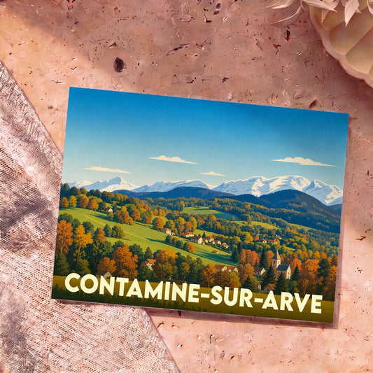 Carte postale souvenir de la ville de Contamine-sur-Arve avec une illustration stylisée de paysages montagneux.