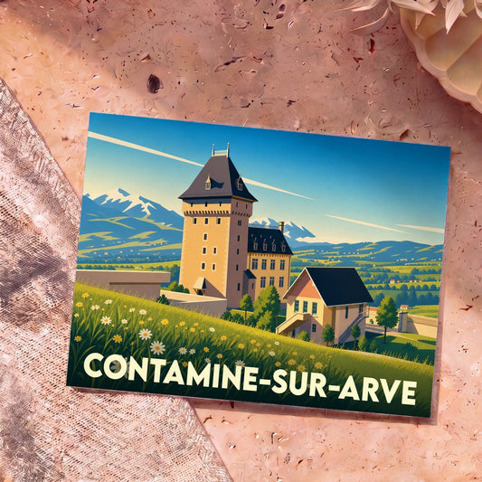Carte postale souvenir de Contamine-sur-Arve illustrant son château et les montagnes environnantes dans un style rétro.