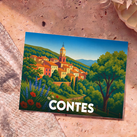 Carte postale souvenir de la ville de Contes avec une illustration stylisée d'un village provençal coloré.