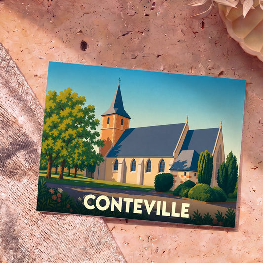 Carte postale souvenir de la ville de Conteville avec une illustration stylisée d'une église sous un ciel bleu.