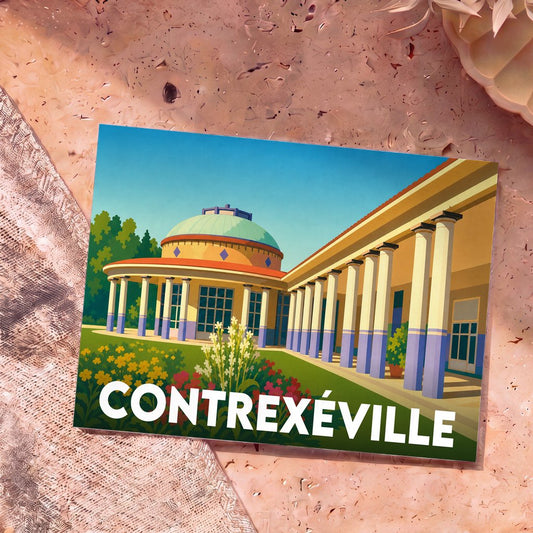 Carte postale souvenir de la ville de Contrexéville illustrant son architecture thermale emblématique dans un style graphique épuré.
