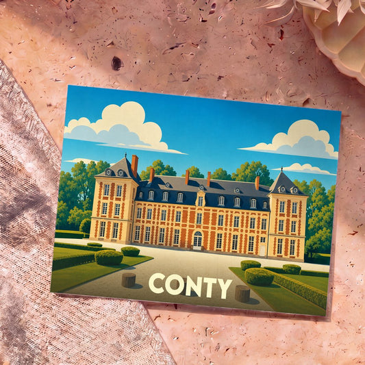 Carte postale souvenir de la ville de Conty avec une illustration stylisée de son château.