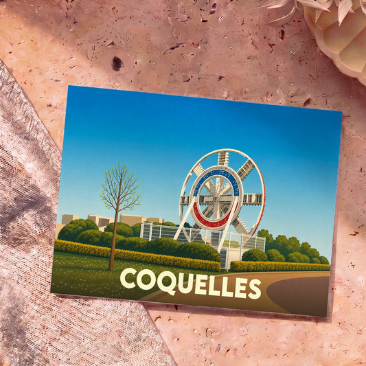 Carte postale souvenir de la ville de Coquelles avec une illustration stylisée d'une roue de tunnelier.