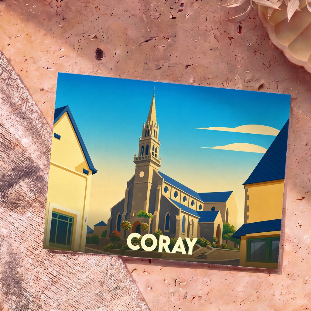 Carte postale souvenir de la ville de Coray illustrant son église dans un style graphique épuré.
