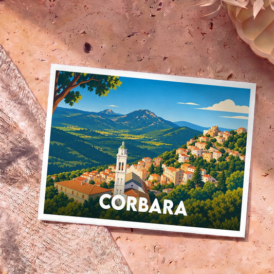 Carte postale souvenir de la ville de Corbara avec une illustration stylisée de ses paysages montagneux.