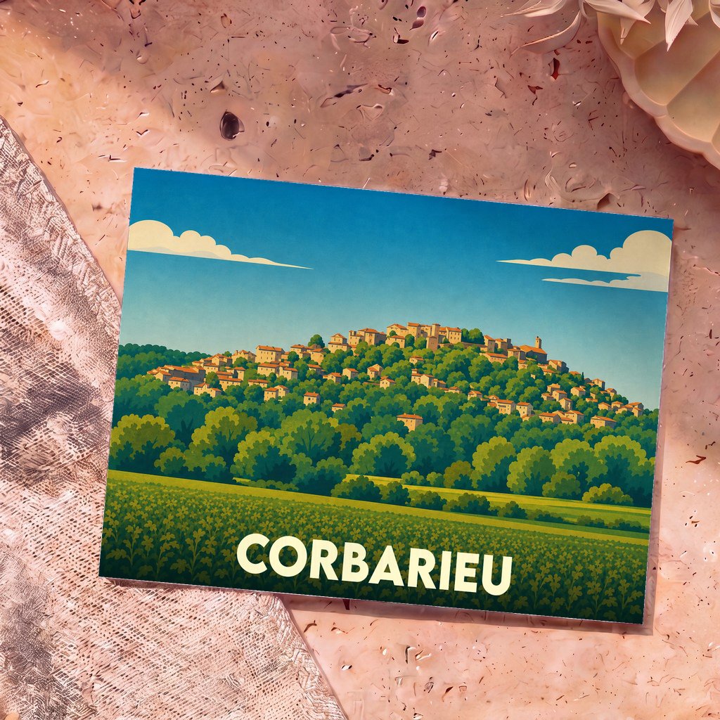 Carte postale souvenir de la ville de Corbarieu avec une illustration stylisée d'un village perché sur une colline verdoyante.