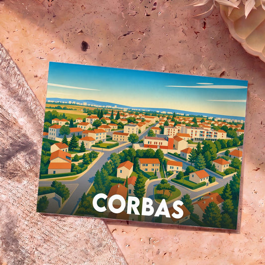 Carte postale souvenir de la ville de Corbas avec une illustration stylisée vue du ciel.