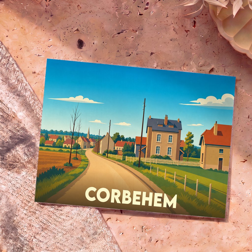 Carte postale souvenir de la ville de Corbehem avec une illustration stylisée d'un paysage de campagne.