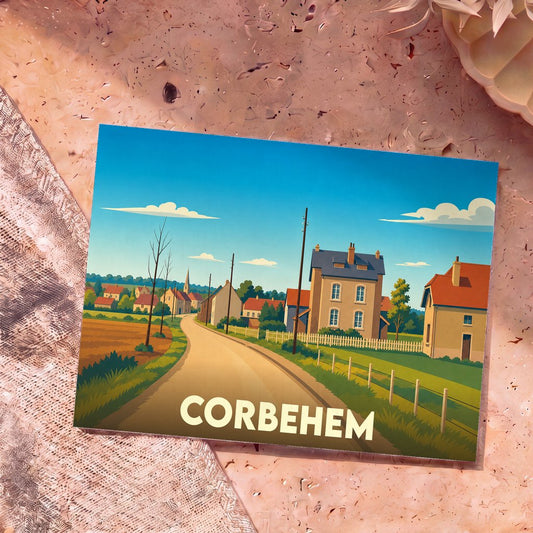 Carte postale souvenir de la ville de Corbehem avec une illustration stylisée d'un paysage de campagne.