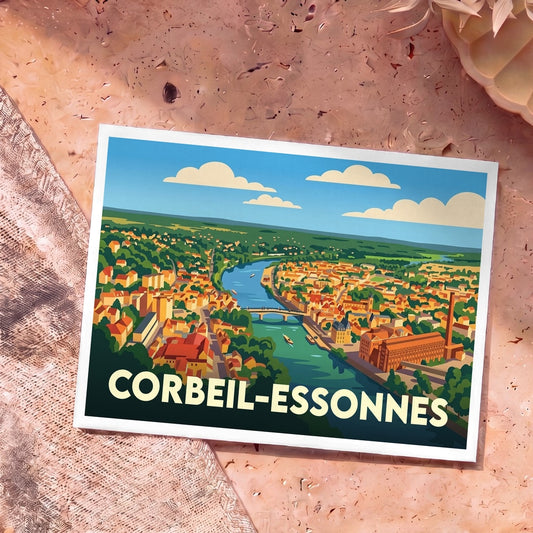 Carte postale souvenir de la ville de Corbeil-Essonnes avec une illustration stylisée vue du ciel.