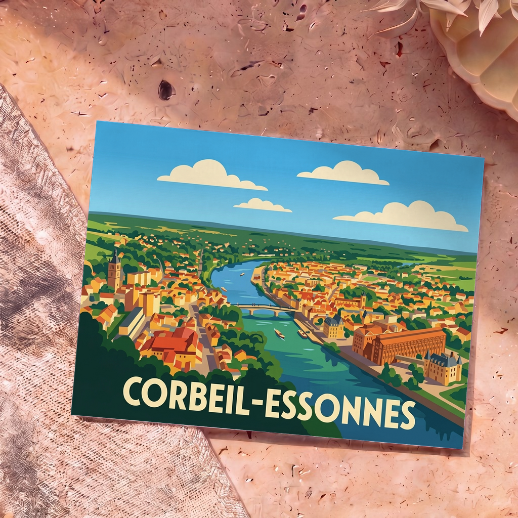 Carte postale souvenir de la ville de Corbeil-Essonnes avec une illustration stylisée vue du ciel.