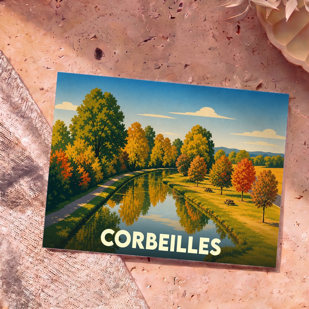 Carte postale souvenir de la ville de Corbeilles illustrant un canal bordé d'arbres aux couleurs automnales.