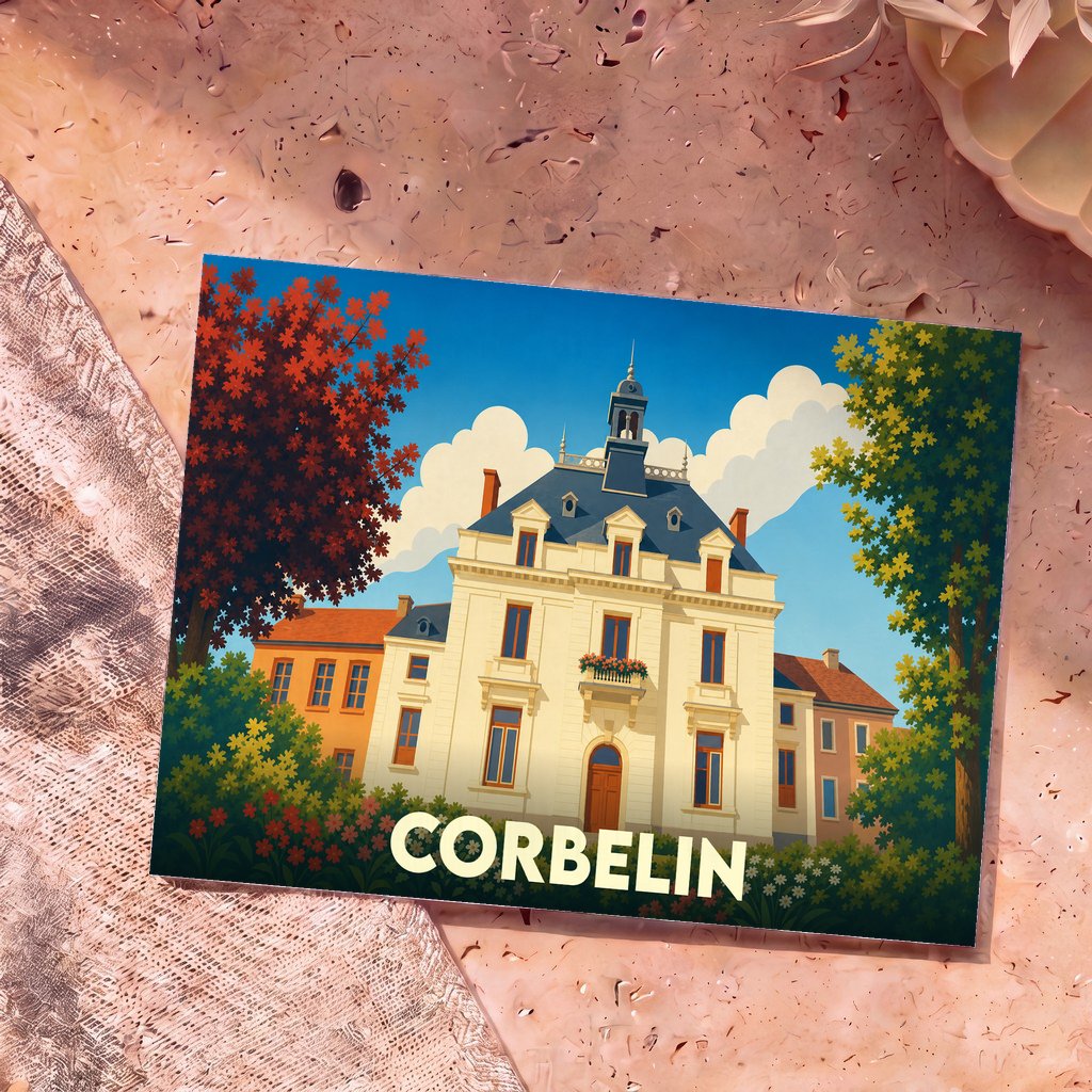 Carte postale souvenir de la ville de Corbelin avec une illustration stylisée de son hôtel de ville.