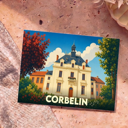Carte postale souvenir de la ville de Corbelin avec une illustration stylisée de son hôtel de ville.