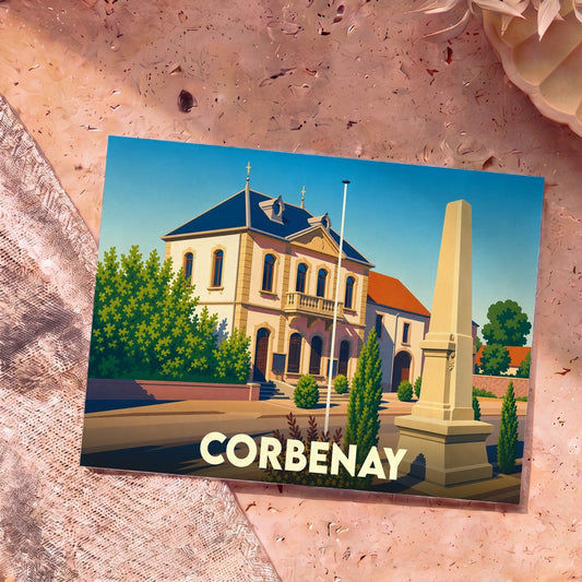 Carte postale souvenir de la ville de Corbenay avec une illustration stylisée de sa mairie et d'un monument historique.