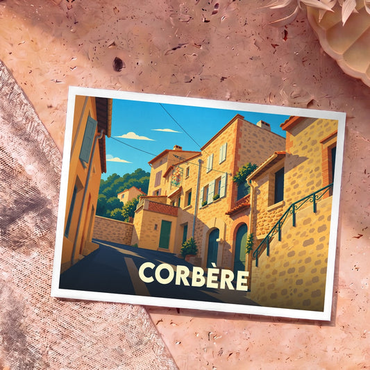Carte postale souvenir de la ville de Corbère avec une illustration stylisée d'une ruelle ensoleillée.