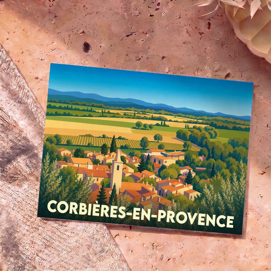 Carte postale souvenir de Corbières-en-Provence arborant une illustration stylisée d'un village et de ses paysages environnants.