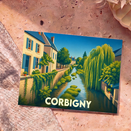 Carte postale souvenir de la ville de Corbigny illustrant un canal bordé de maisons et d'un saule pleureur.