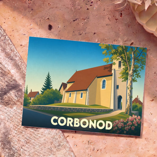 Carte postale souvenir de la ville de Corbonod avec une illustration stylisée de son église.
