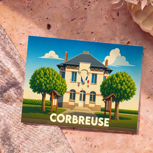 Carte postale souvenir de la ville de Corbreuse avec une illustration stylisée de sa mairie.