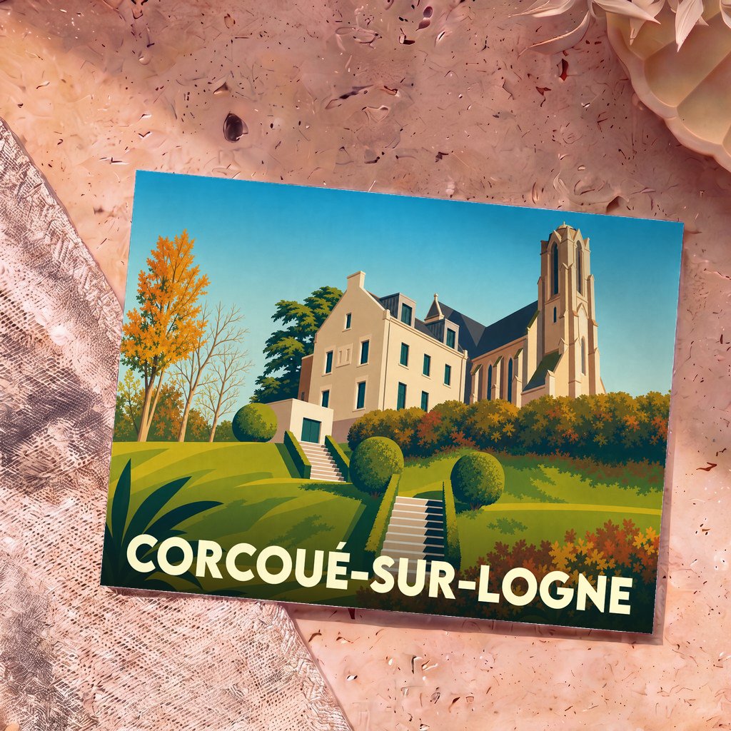 Carte postale souvenir de la ville de Corcoué-sur-Logne avec une illustration stylisée d'un manoir et d'une église.
