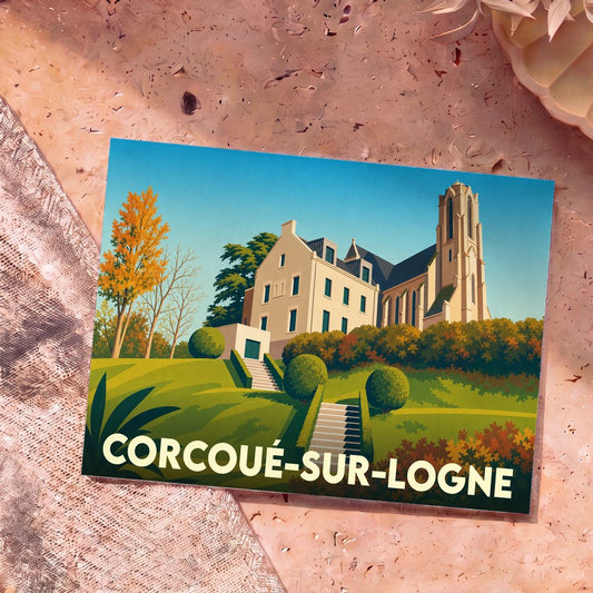 Carte postale souvenir de la ville de Corcoué-sur-Logne avec une illustration stylisée d'un manoir et d'une église.