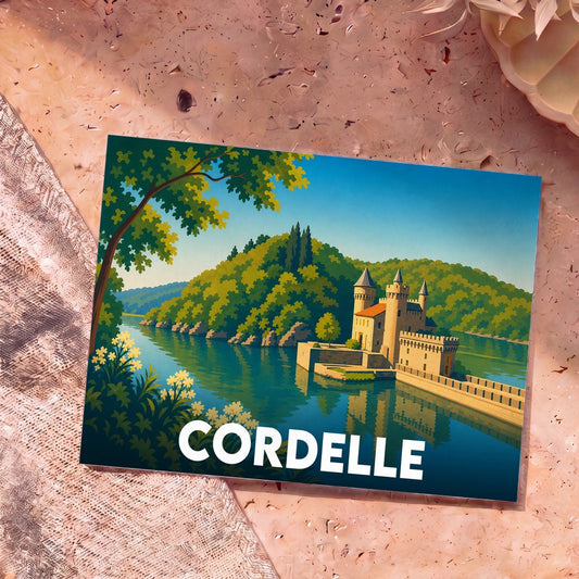 Carte postale souvenir de la ville de Cordelle avec une illustration stylisée d'un château au bord de l'eau.