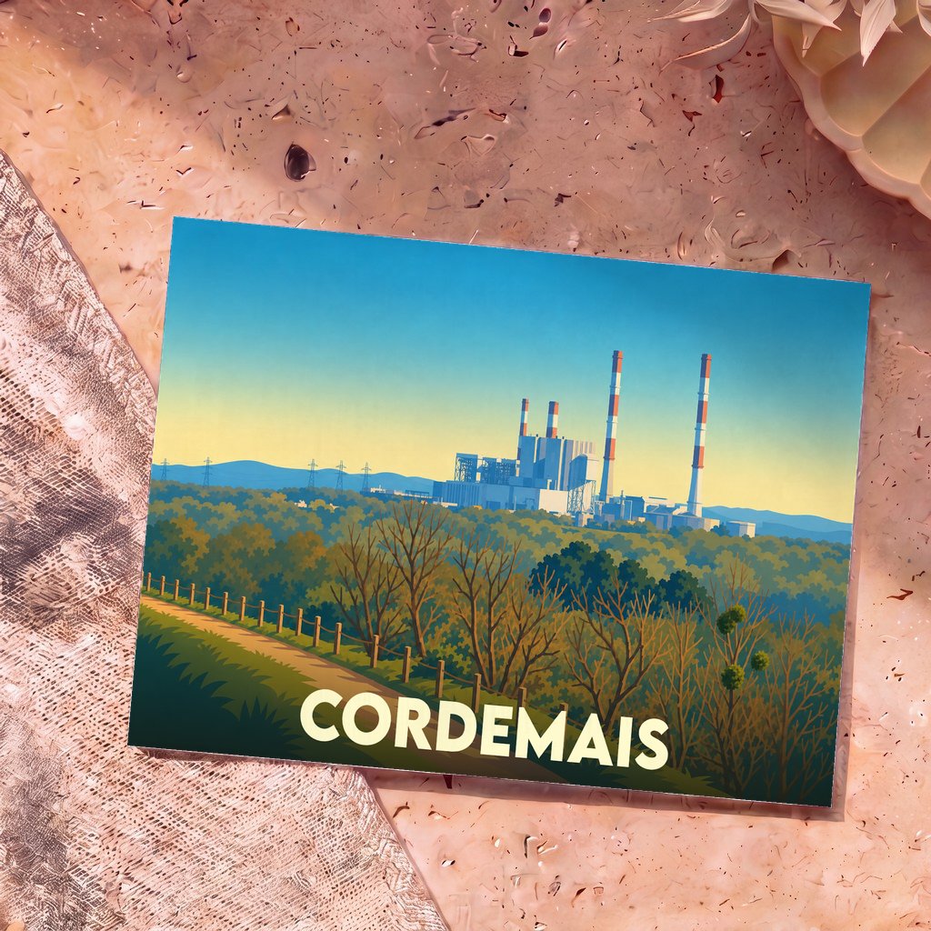 Carte postale souvenir de la ville de Cordemais avec une illustration stylisée de sa centrale thermique en bord de Loire.